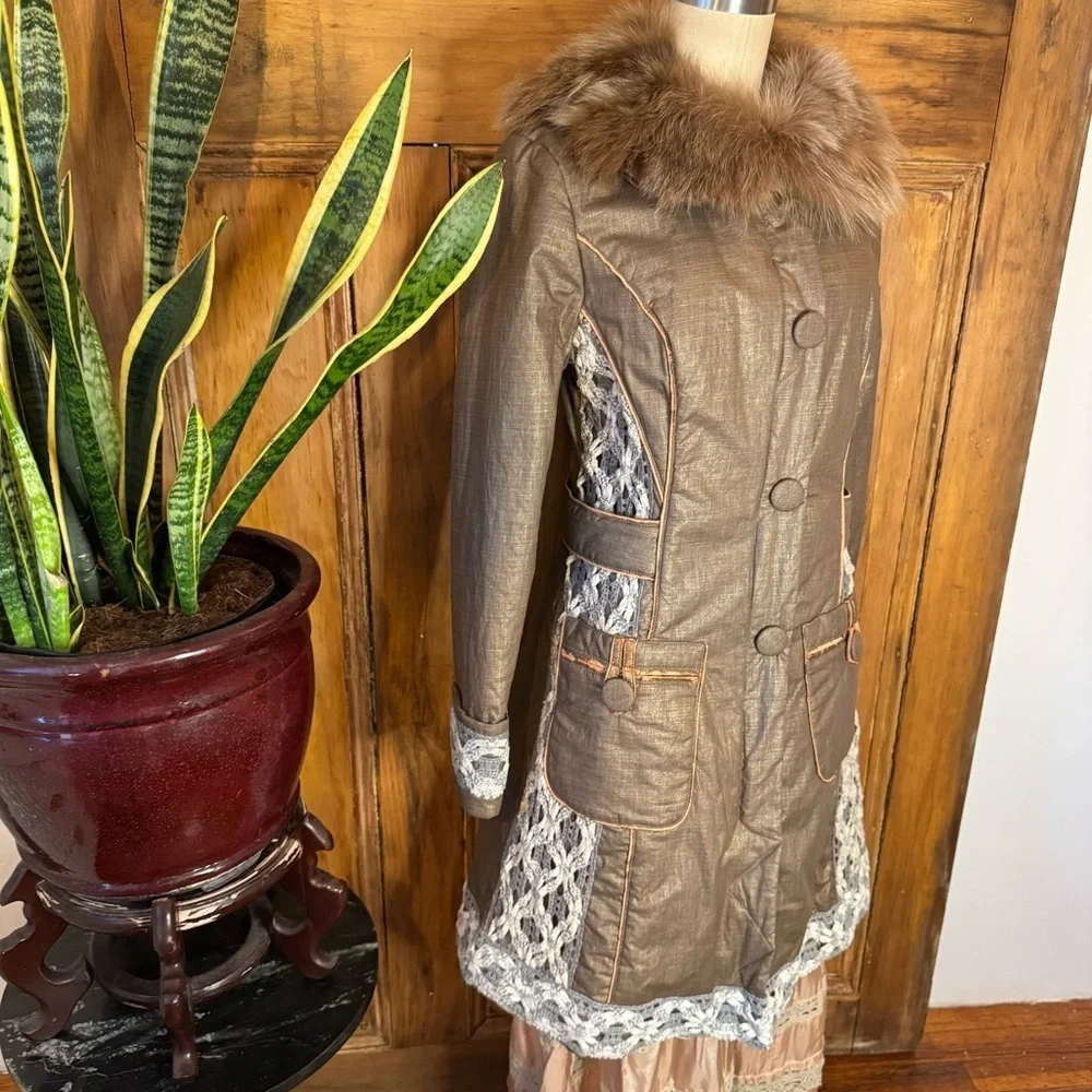 Penny Lane fur cotton crochet puffer button down fur collar coat - Picture 3 of 17